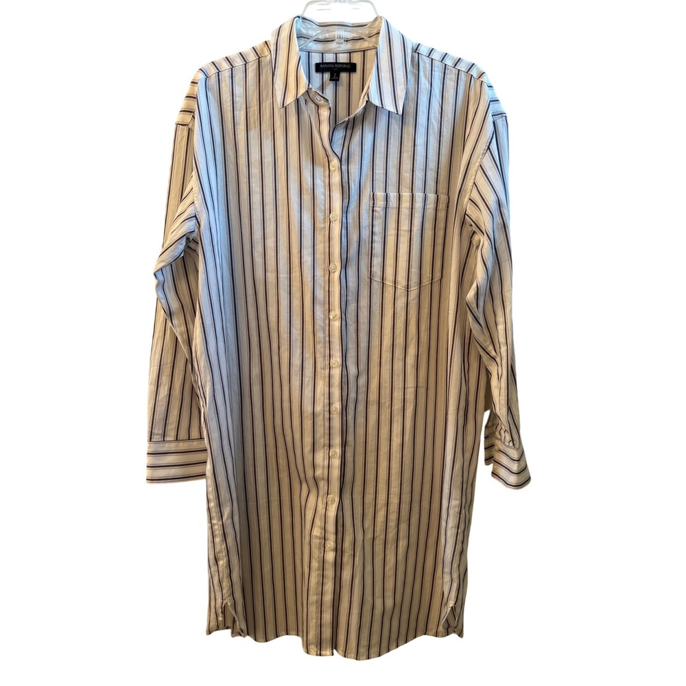 Banana Republic Women Striped Button Down Shirt Dress White Black Cotton Small
